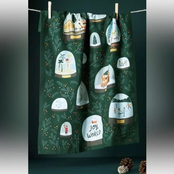 Anthropologie Christmas Holiday Green Dish Towel Joy World Snow Globe New in Pkg - Picture 9 of 9
